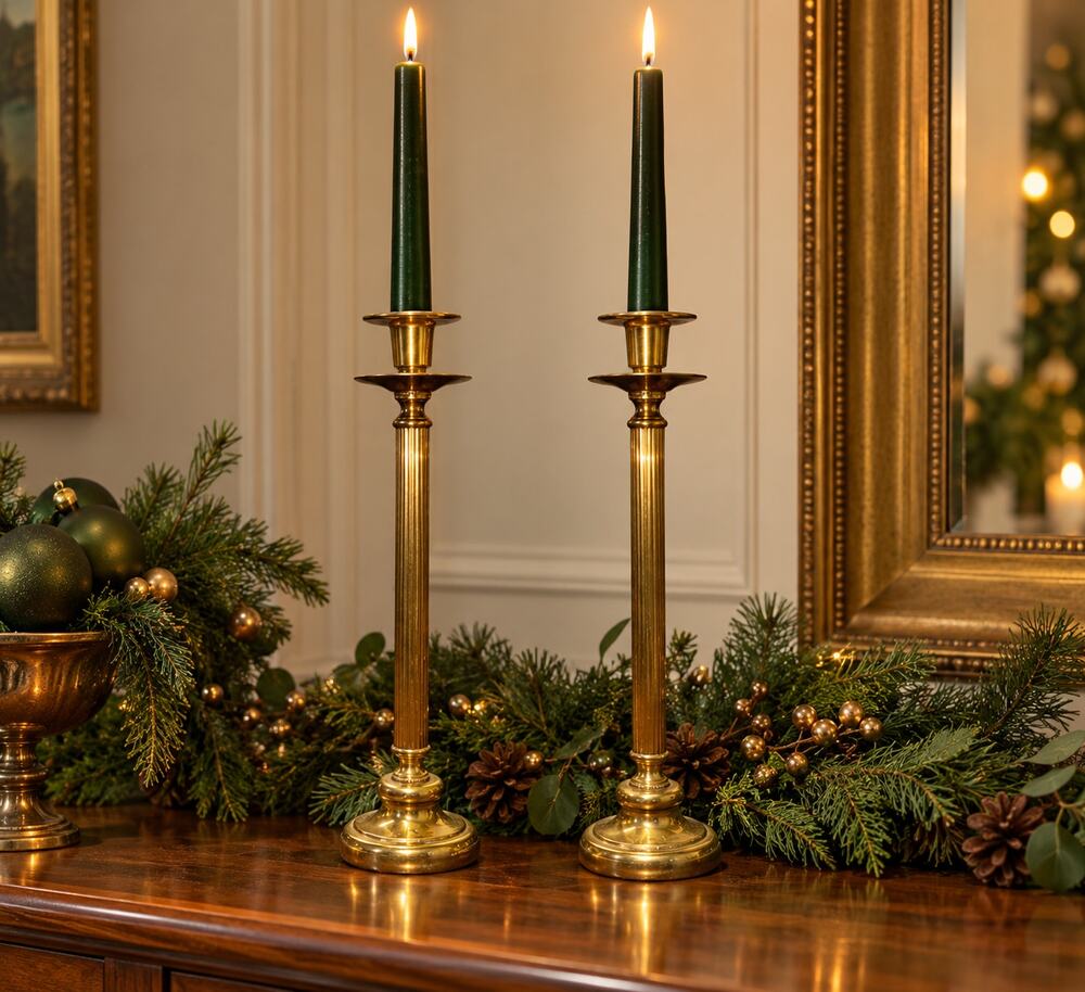 Vintage Solid Brass Candlesticks Pair 14” Tall Fluted Column Taper Holders